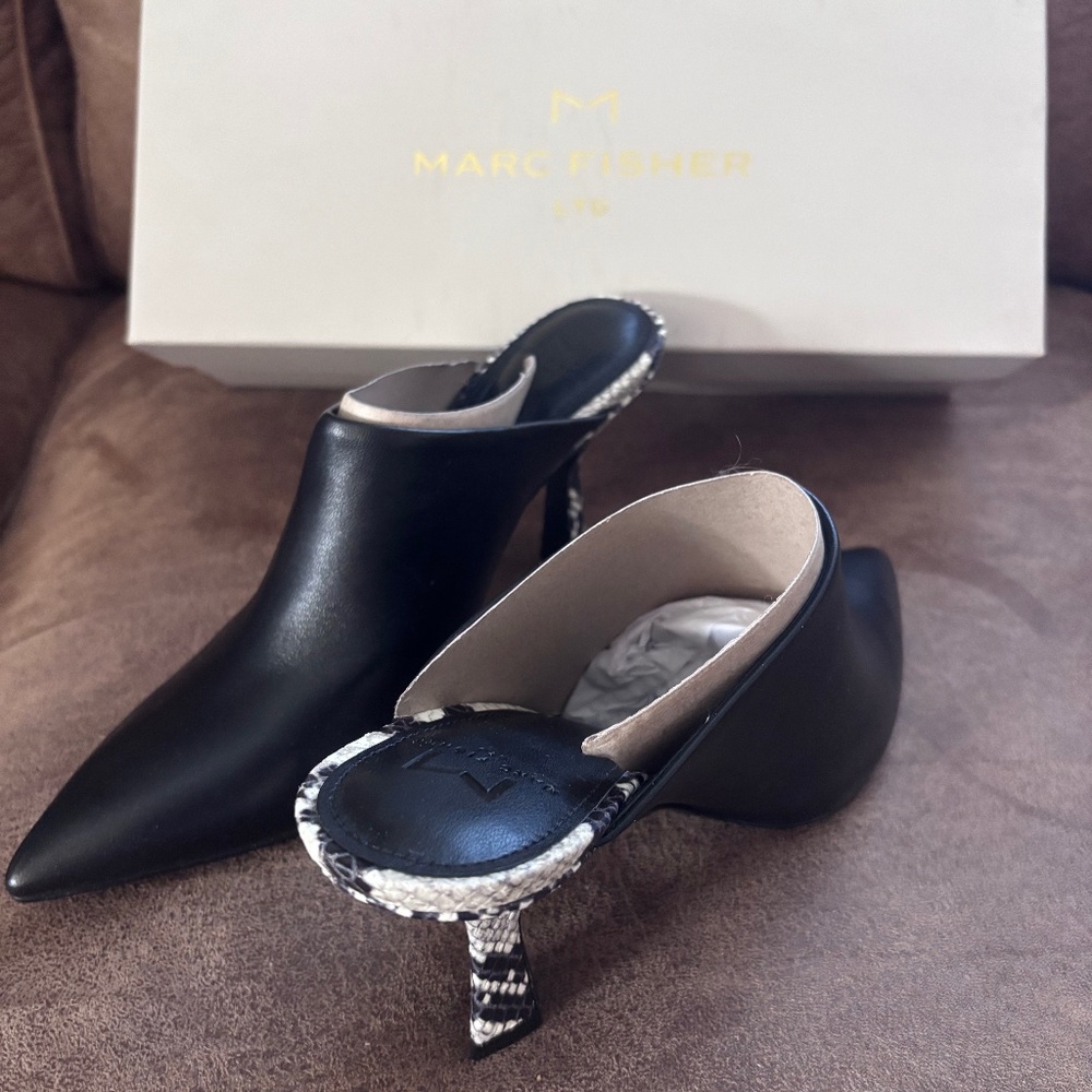 Marc Fisher Size 7 Black Mules with Snake Skin Heels